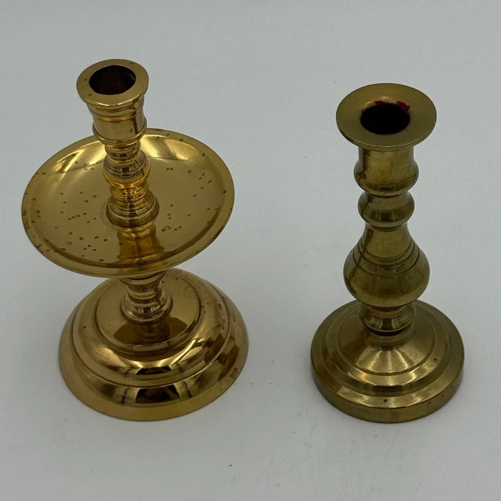 Vintage Solid Brass Candlestick Holders Mismatched Set of 2 Gold Taper Pedestal